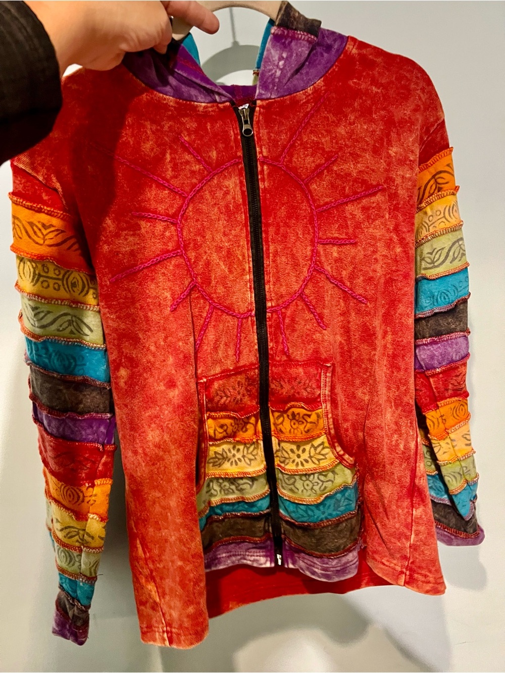 Boho Vibrant Festival Patchwork Zip Hoodie